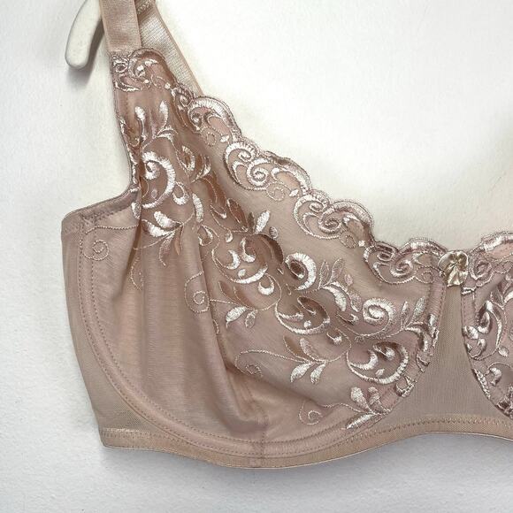 Vintage 90s Floral Embroidered Mesh Underwire Bra 42DD Cream Nude Coquette NWT - Picture 14 of 16